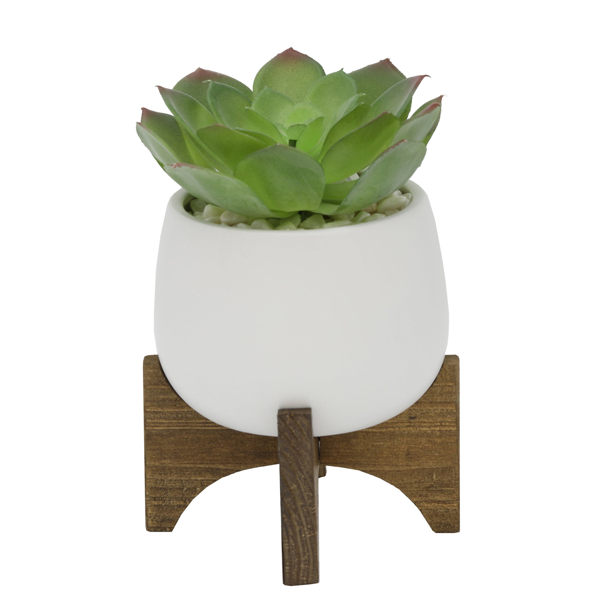  Flora Bunda Matte White Rounded Goblet Ceramic Planter On Wood Stand - White - Bonton