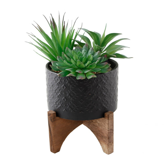 Succulent Mix In Black Embossed Ceramic Planter On Stand