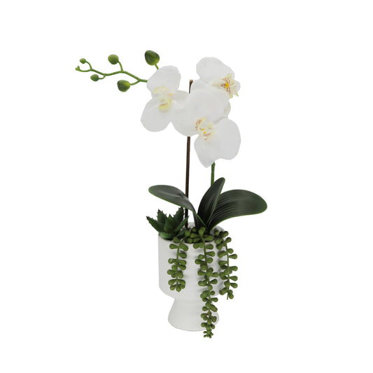 Faux White Orchid In Ceramic Urn Planter