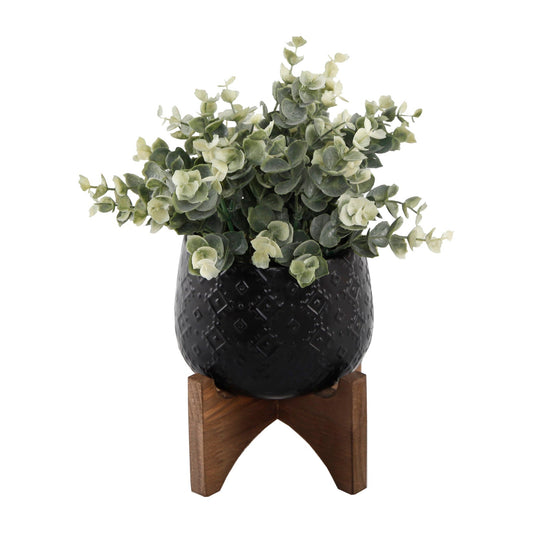 Faux Eucalyptus In Black Diamond Motif Ceramic Pot