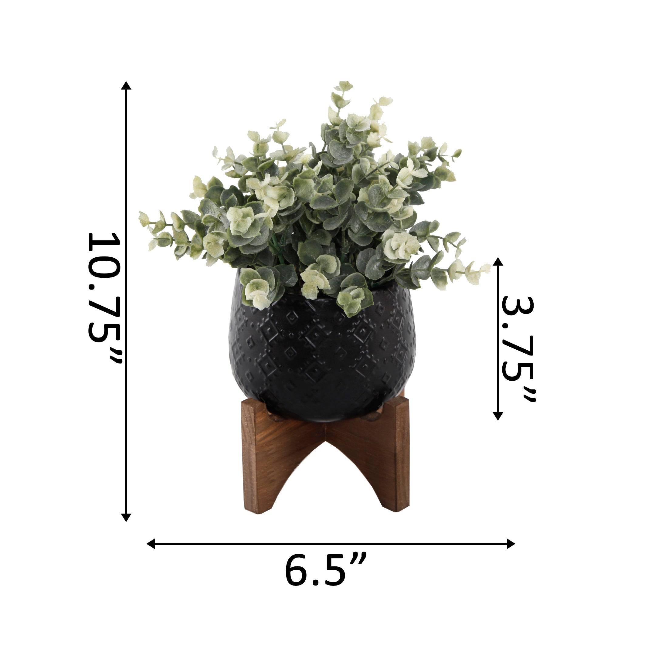  Flora Bunda Faux Eucalyptus In Black Diamond Motif Ceramic Pot - Black - Bonton