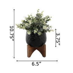 Faux Eucalyptus In Black Diamond Motif Ceramic Pot