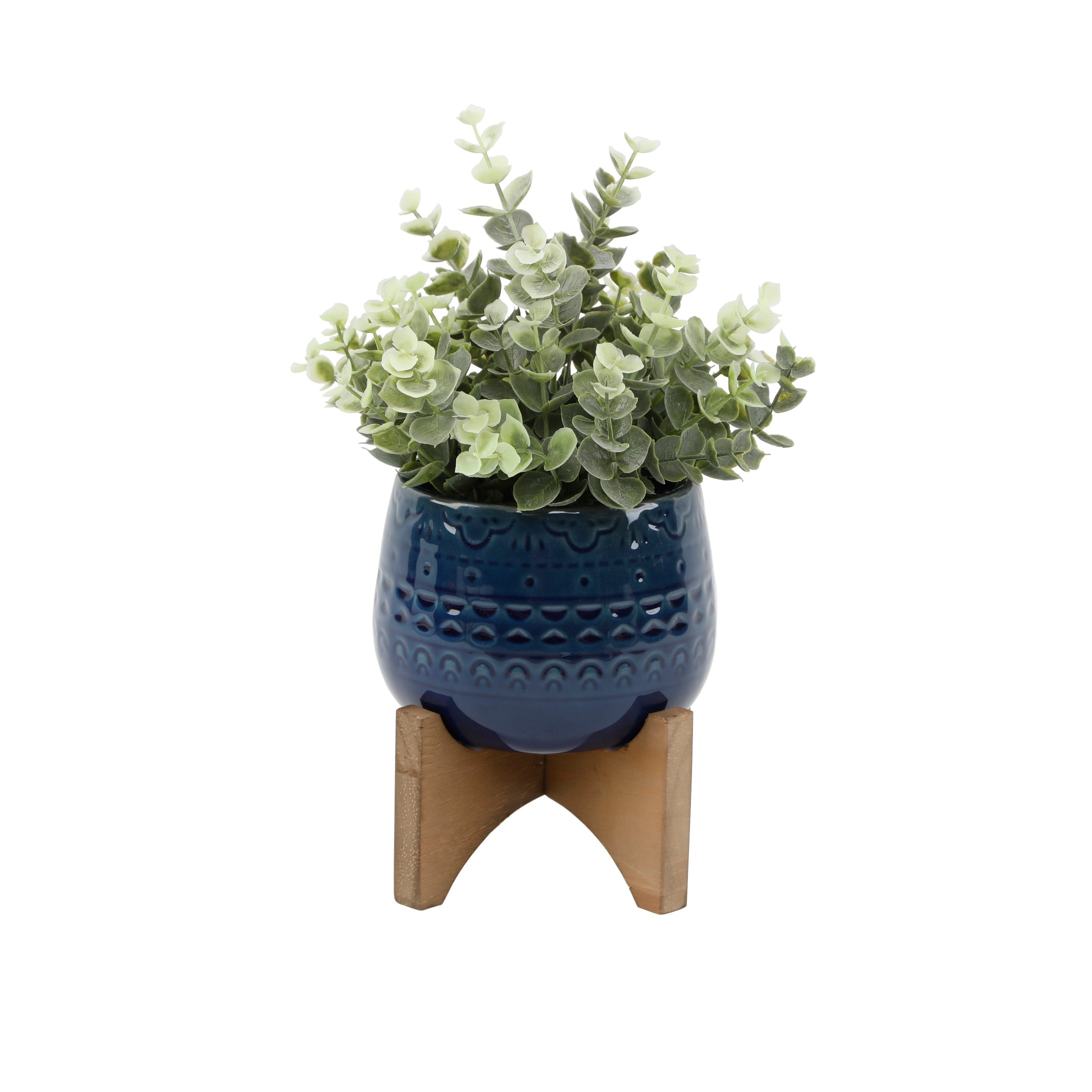  Flora Bunda Faux Eucalyptus In Deep Navy Pressed Pattern Planter - Navy - Bonton