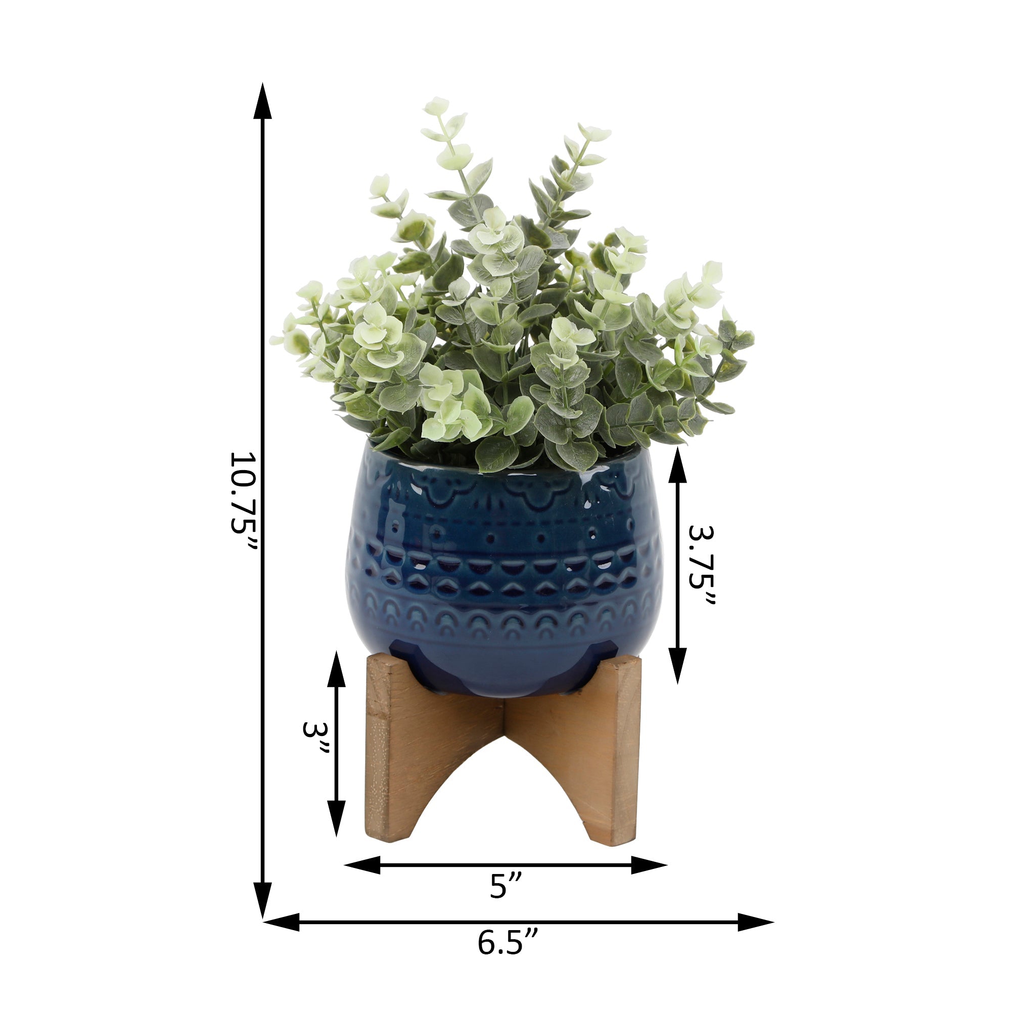  Flora Bunda Faux Eucalyptus In Deep Navy Pressed Pattern Planter - Navy - Bonton