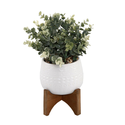 Faux Eucalyptus In White Diamond Motif Ceramic Pot