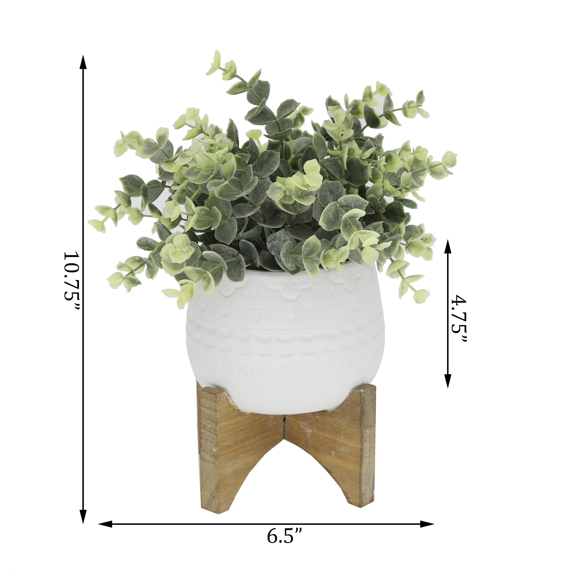  Flora Bunda Faux Eucalyptus In White Diamond Motif Ceramic Pot - White - Bonton