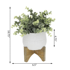 Faux Eucalyptus In White Diamond Motif Ceramic Pot