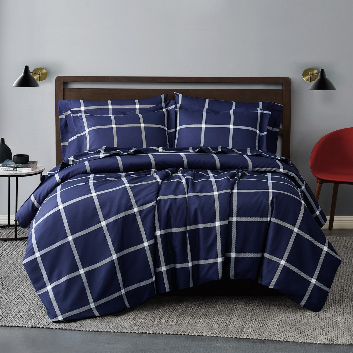  Truly Soft Printed Windowpane Comforter Set - White and Navy - Bonton