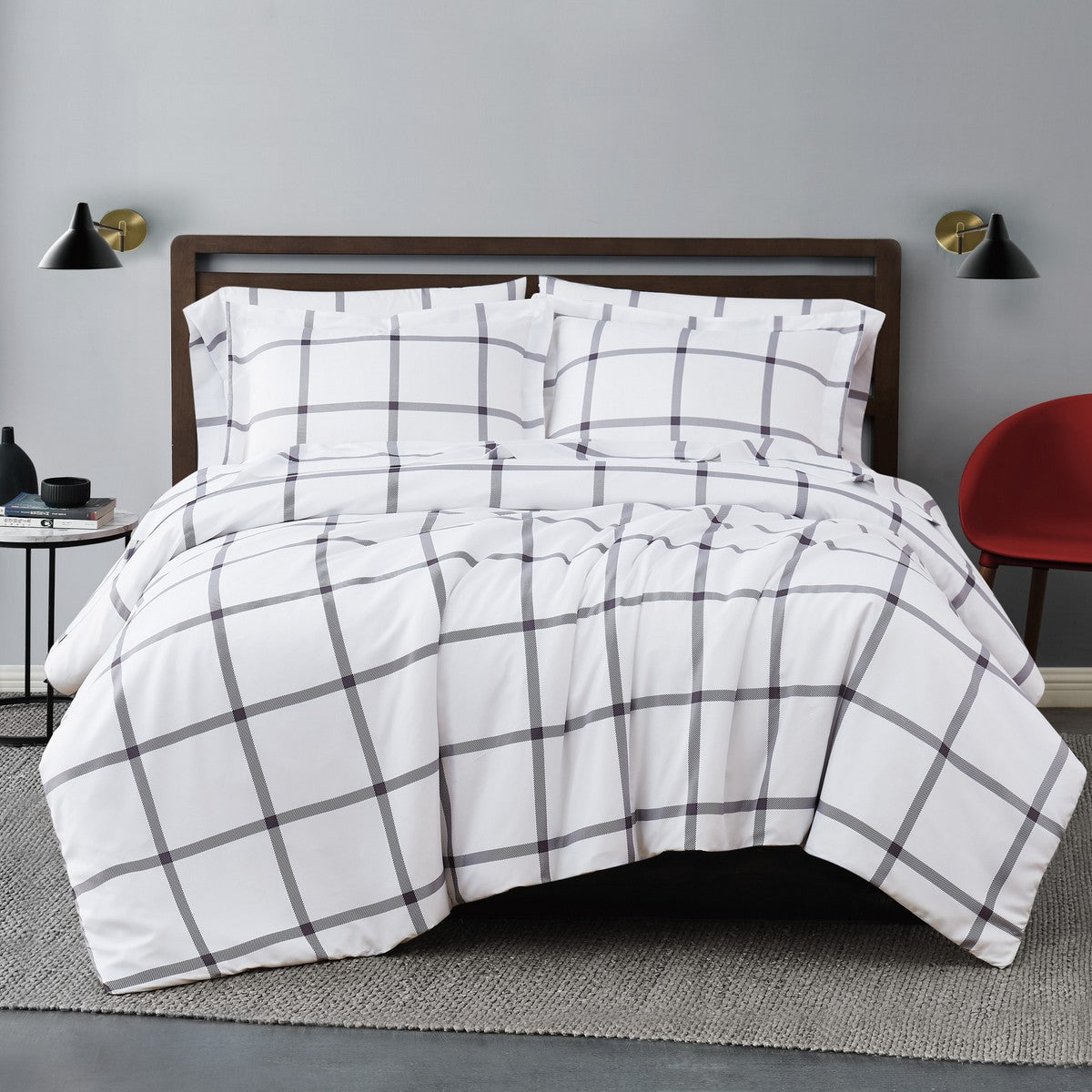  Truly Soft Printed Windowpane Comforter Set - White and Charcoal Grey - Bonton