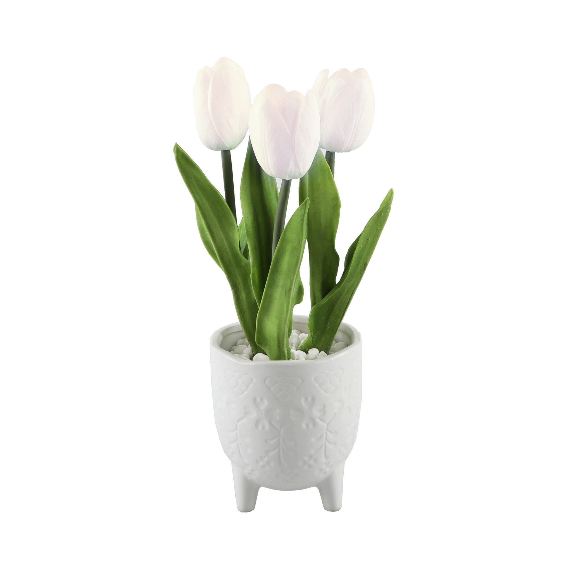  Flora Bunda Three Faux White Tulips Embossed Ceramic Footed Planter - White - Bonton