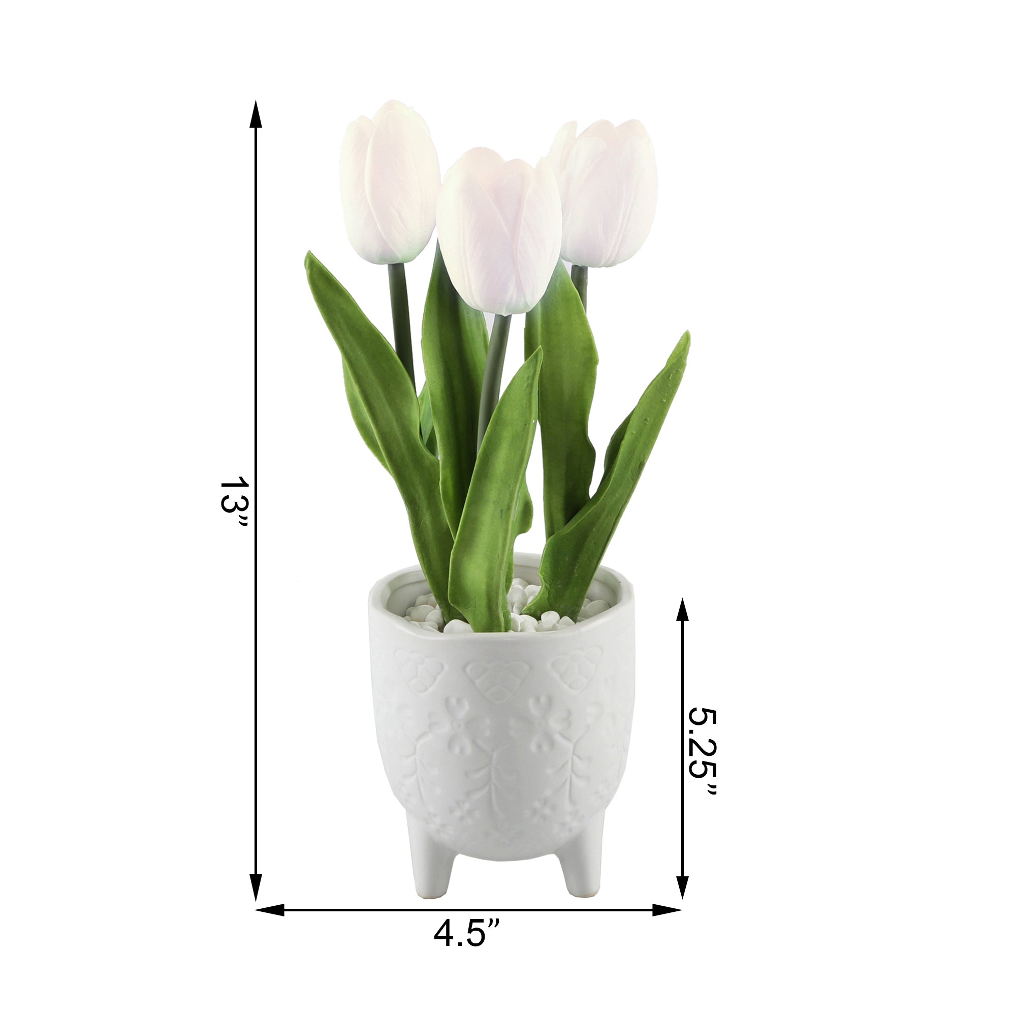  Flora Bunda Three Faux White Tulips Embossed Ceramic Footed Planter - White - Bonton