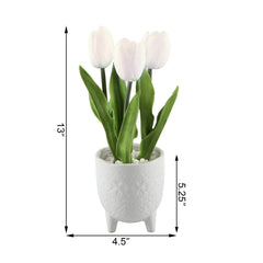 Three Faux White Tulips Embossed Ceramic Footed Planter