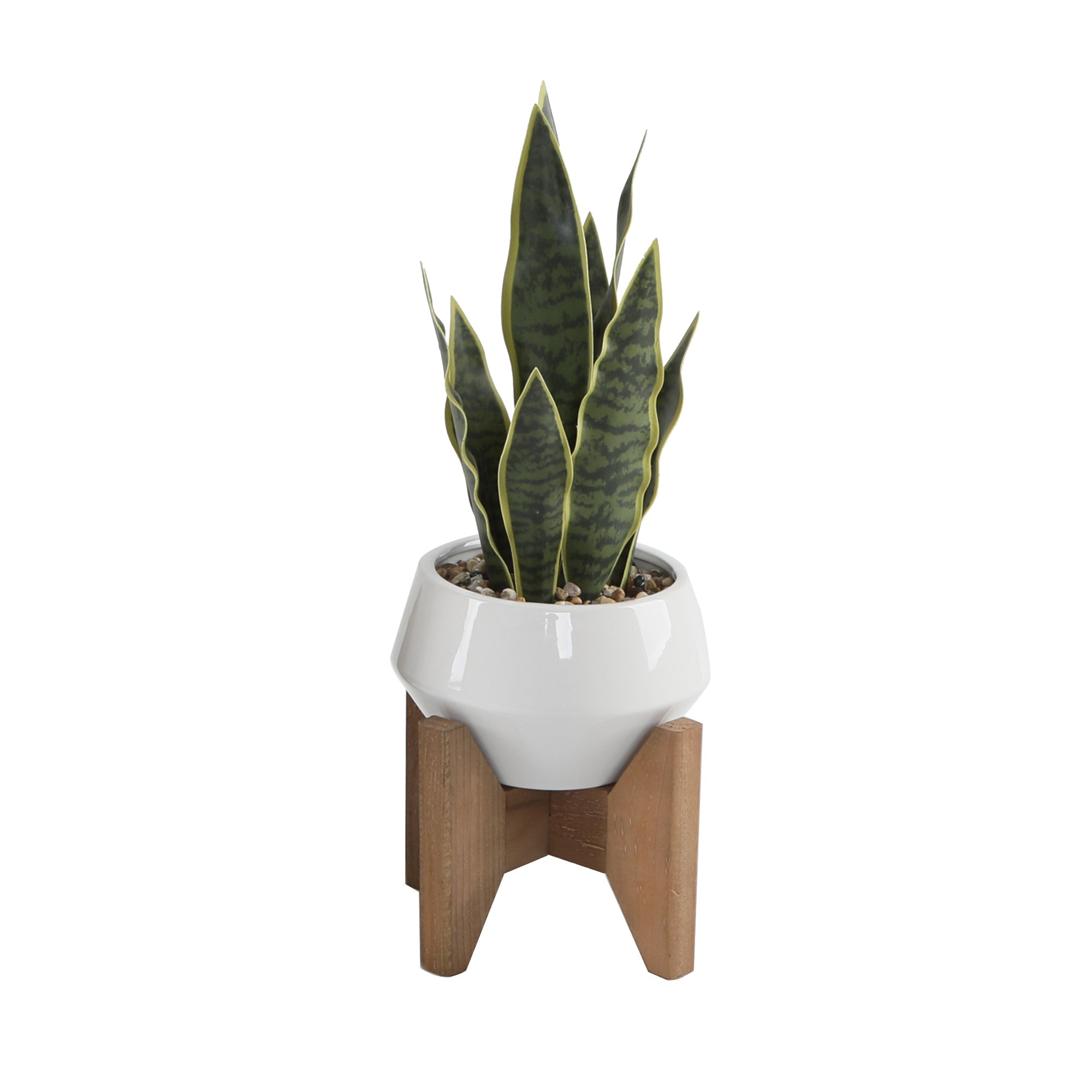  Flora Bunda Faux Snake Plant In Ceramic On Stand - White/Green - Bonton