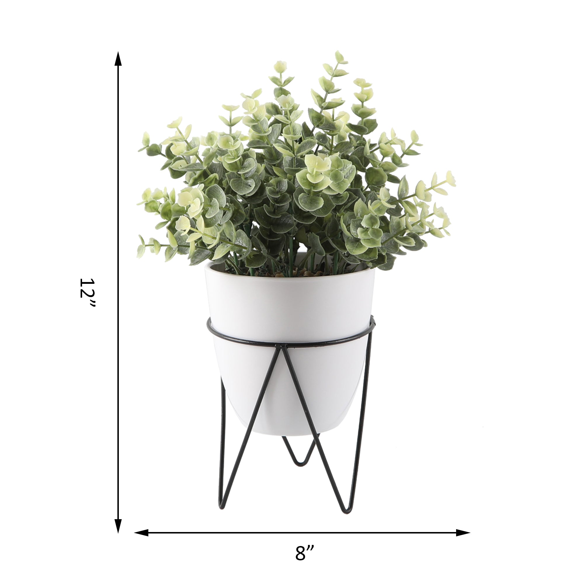  Flora Bunda Faux Eucalyptus Plant In White Pot and Black Metal Stand - White/Black - Bonton