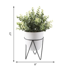 Faux Eucalyptus Plant In White Pot and Black Metal Stand