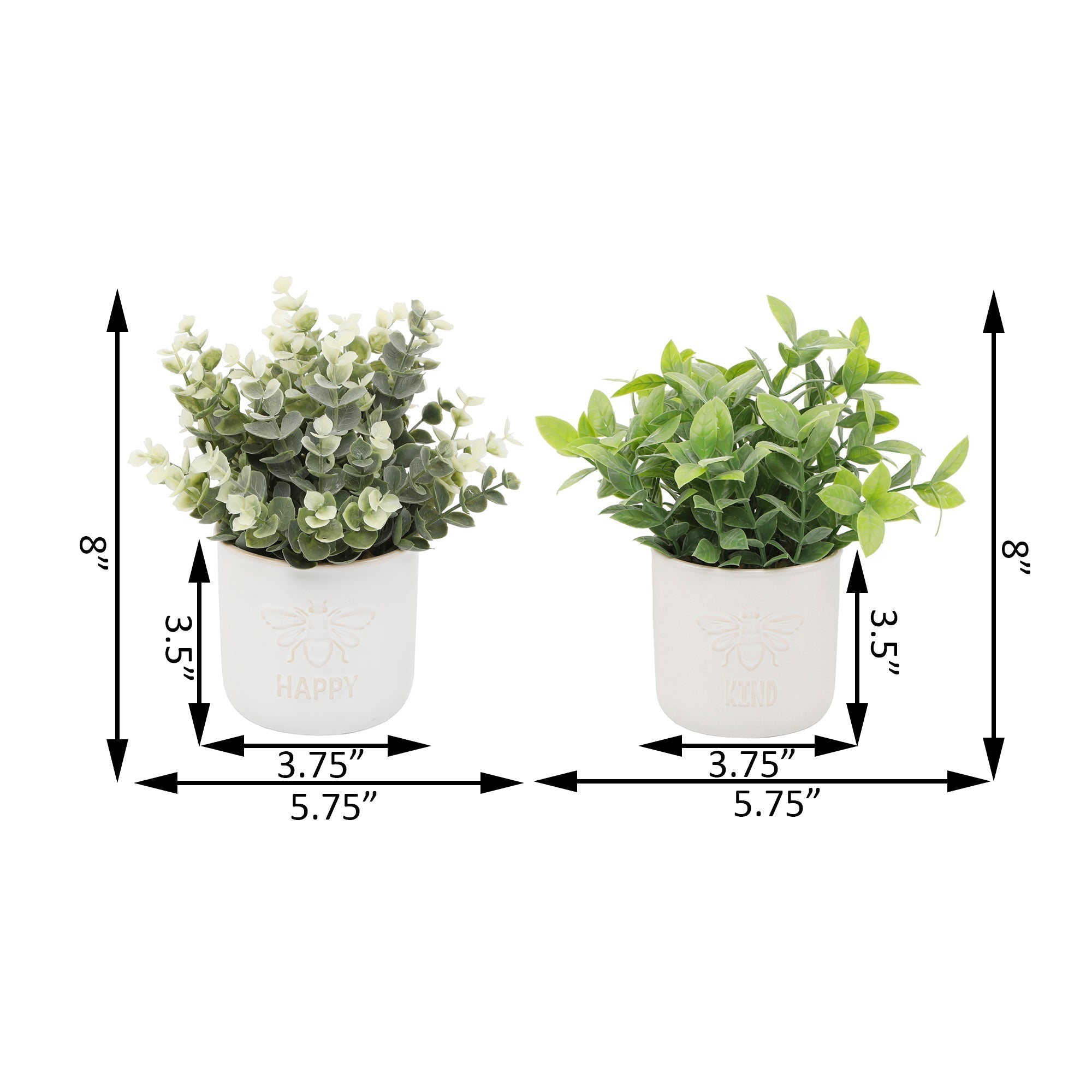  Flora Bunda Set of 2 Bee Kind, Bee Happy Faux Greenery Planters - Ivory White - Bonton