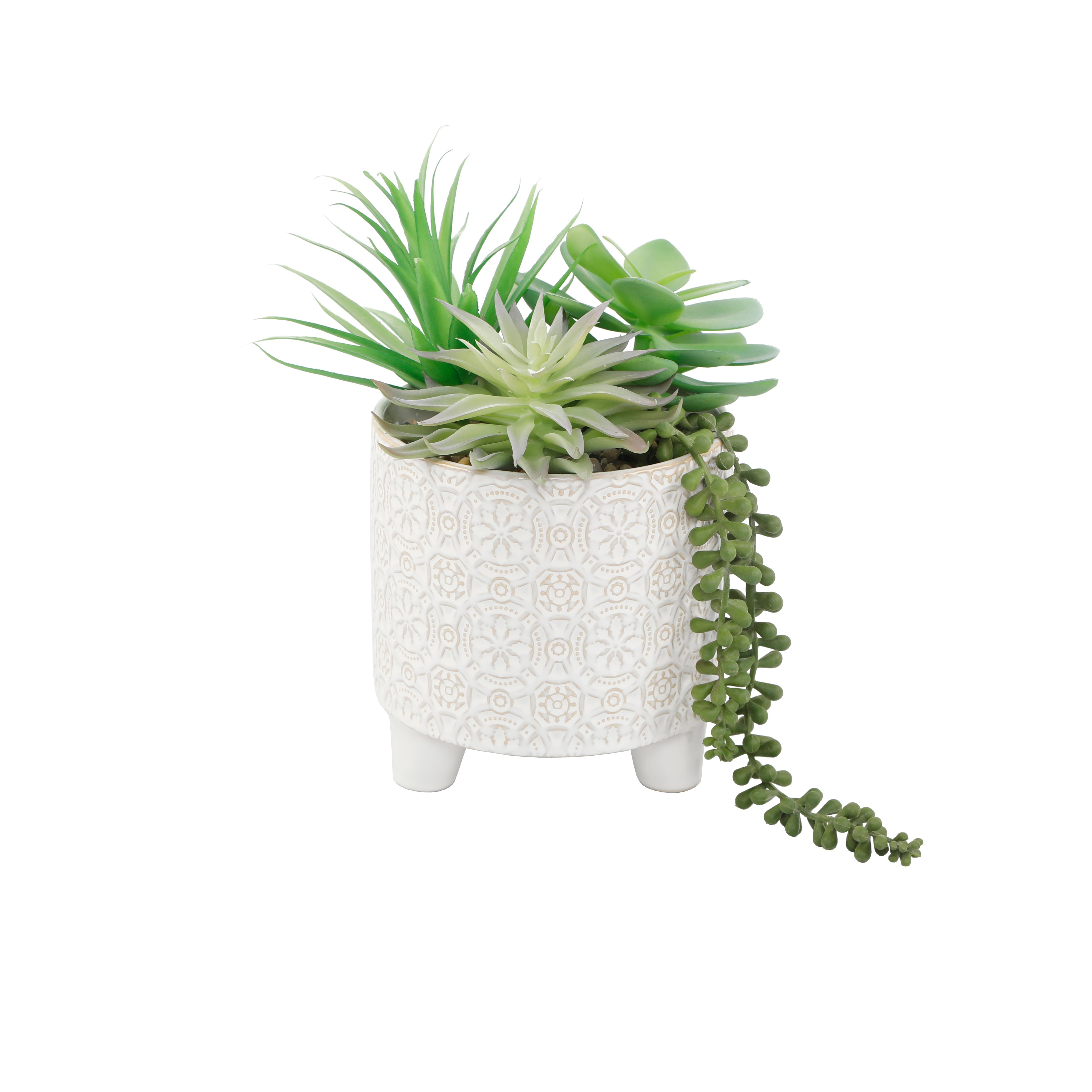  Flora Bunda Faux Green Succulent Plant Mix In Ceramic Planter - Ivory White - Bonton