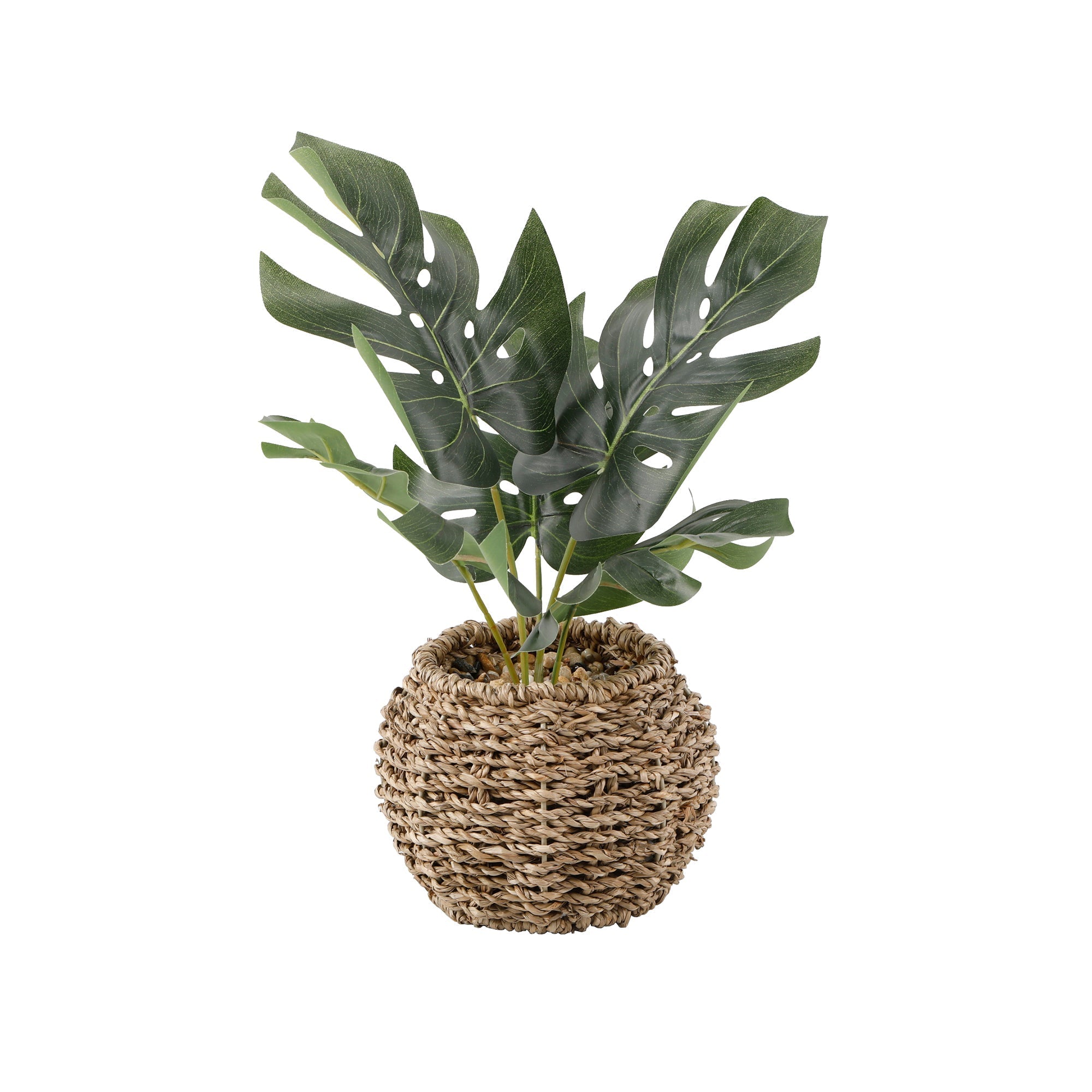  Flora Bunda Faux Split Leaf Philodendron In Straw Basket - Brown - Bonton