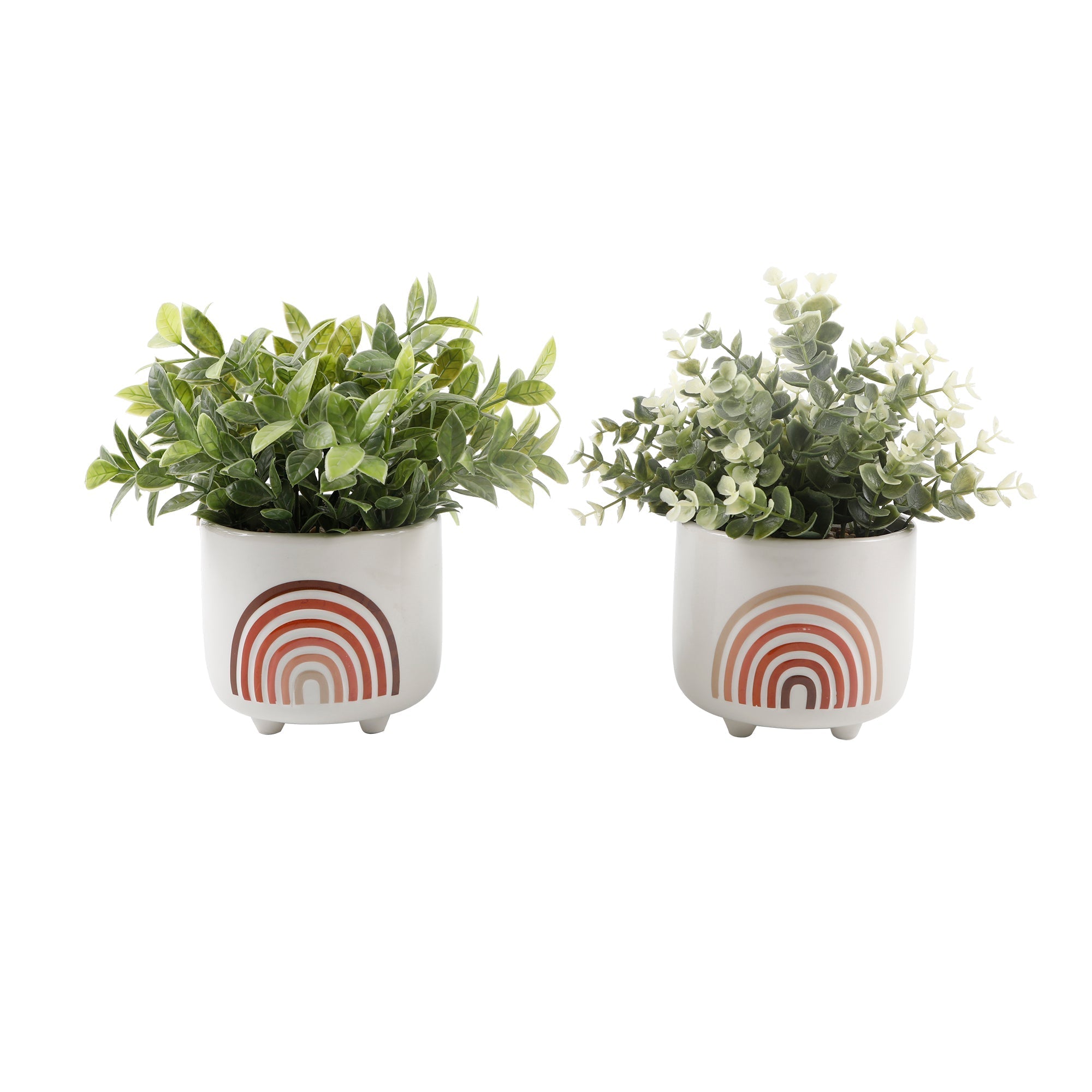  Flora Bunda Set of 2 Mini Rainbow Ceramic Planters with Faux Eucalyptus and Tea Leaf - Orange - Bonton