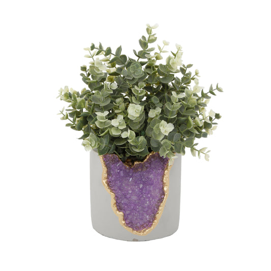 Faux Tea Eucalyptus In Amethyst Crystal Planter