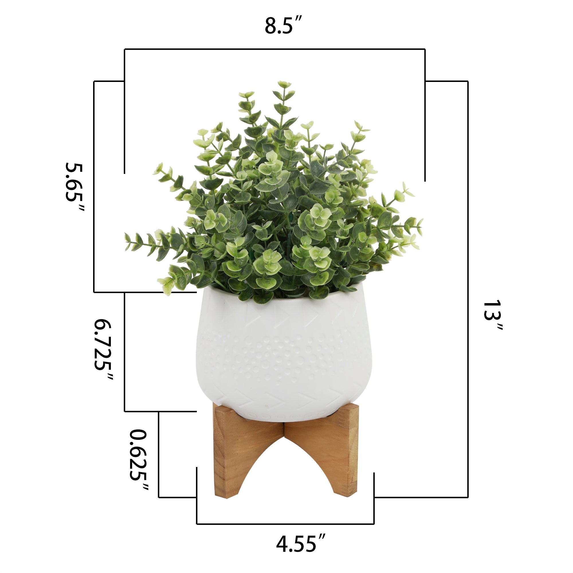  Flora Bunda Eucalyptus In Caveman Ceramic Featuring a Wooden Stand - White/Green - Bonton