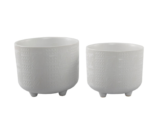 Set of 2 Raised Embossed White Footed Planters