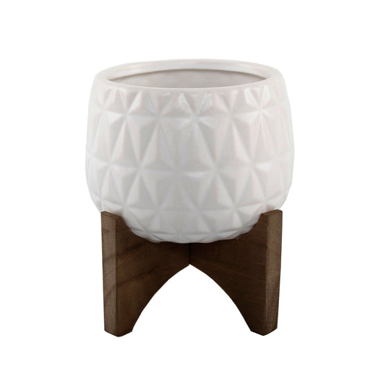 White Pineapple Ceramic Pot On Wood Stand