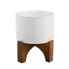 White Triangle Embossed Ceramic Planter On Stand