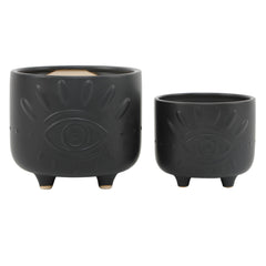 Set of 2 All Seeing Eye in Matte Black Ceramic Footed Planters