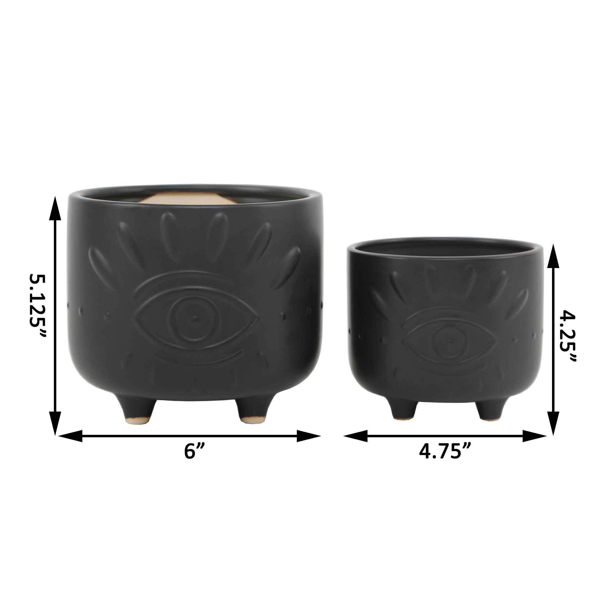  Flora Bunda Set of 2 All Seeing Eye in Matte Black Ceramic Footed Planters - White - Bonton