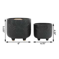 Set of 2 All Seeing Eye in Matte Black Ceramic Footed Planters