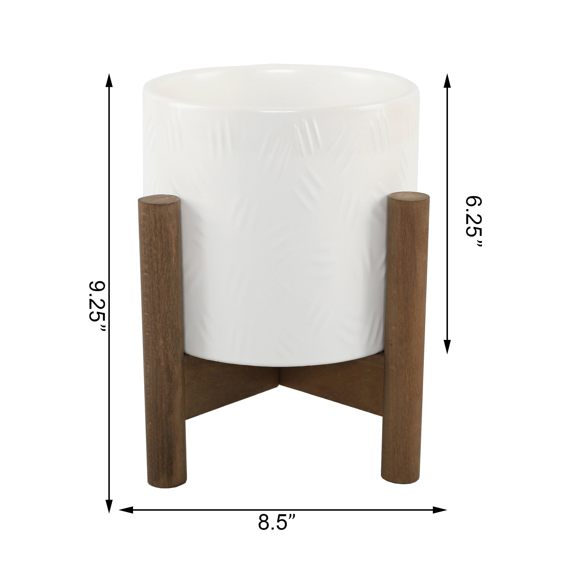  Flora Bunda Warm White Cross Hatched Ceramic Planter On Wooden Stand - Matte White - Bonton