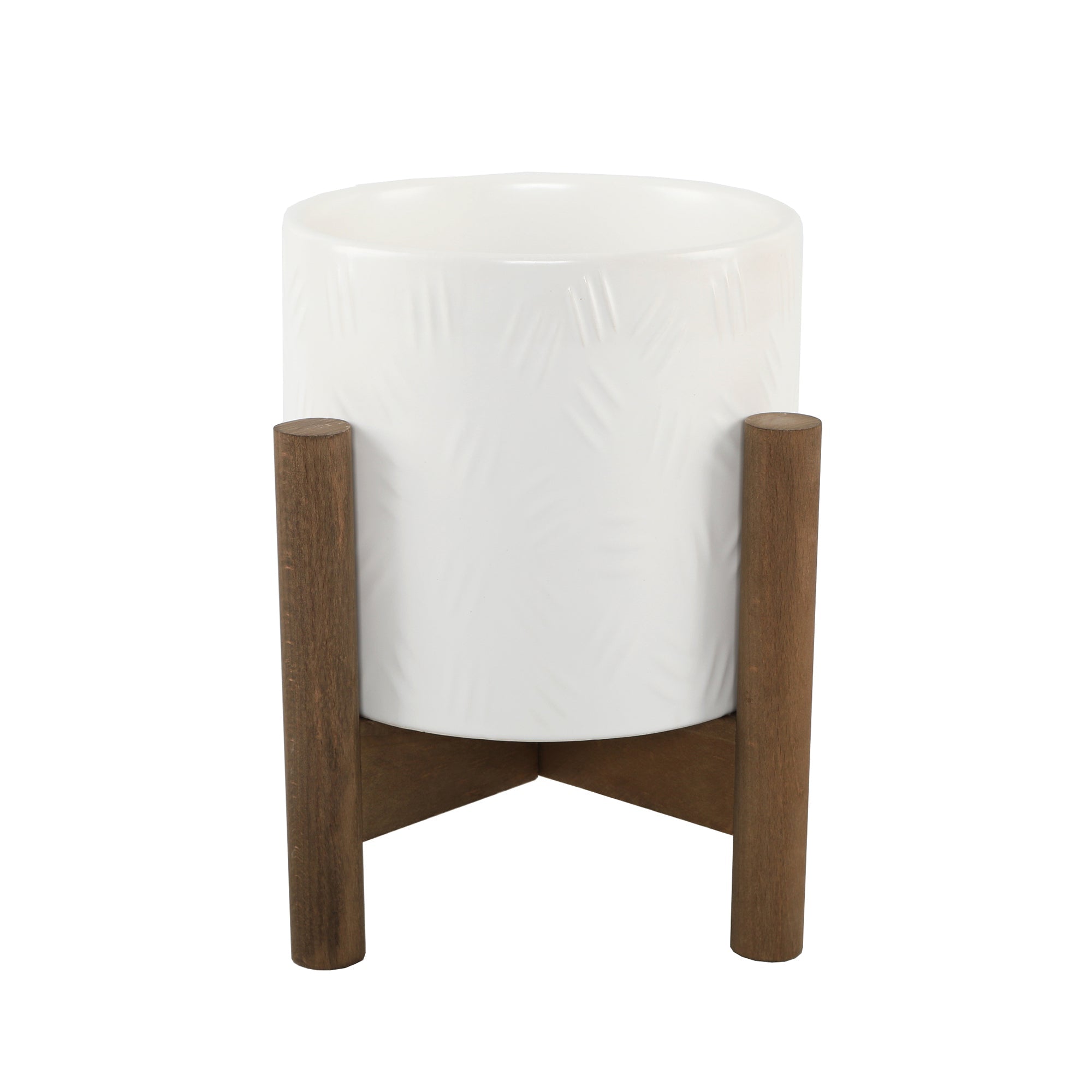  Flora Bunda Warm White Cross Hatched Ceramic Planter On Wooden Stand - Matte White - Bonton