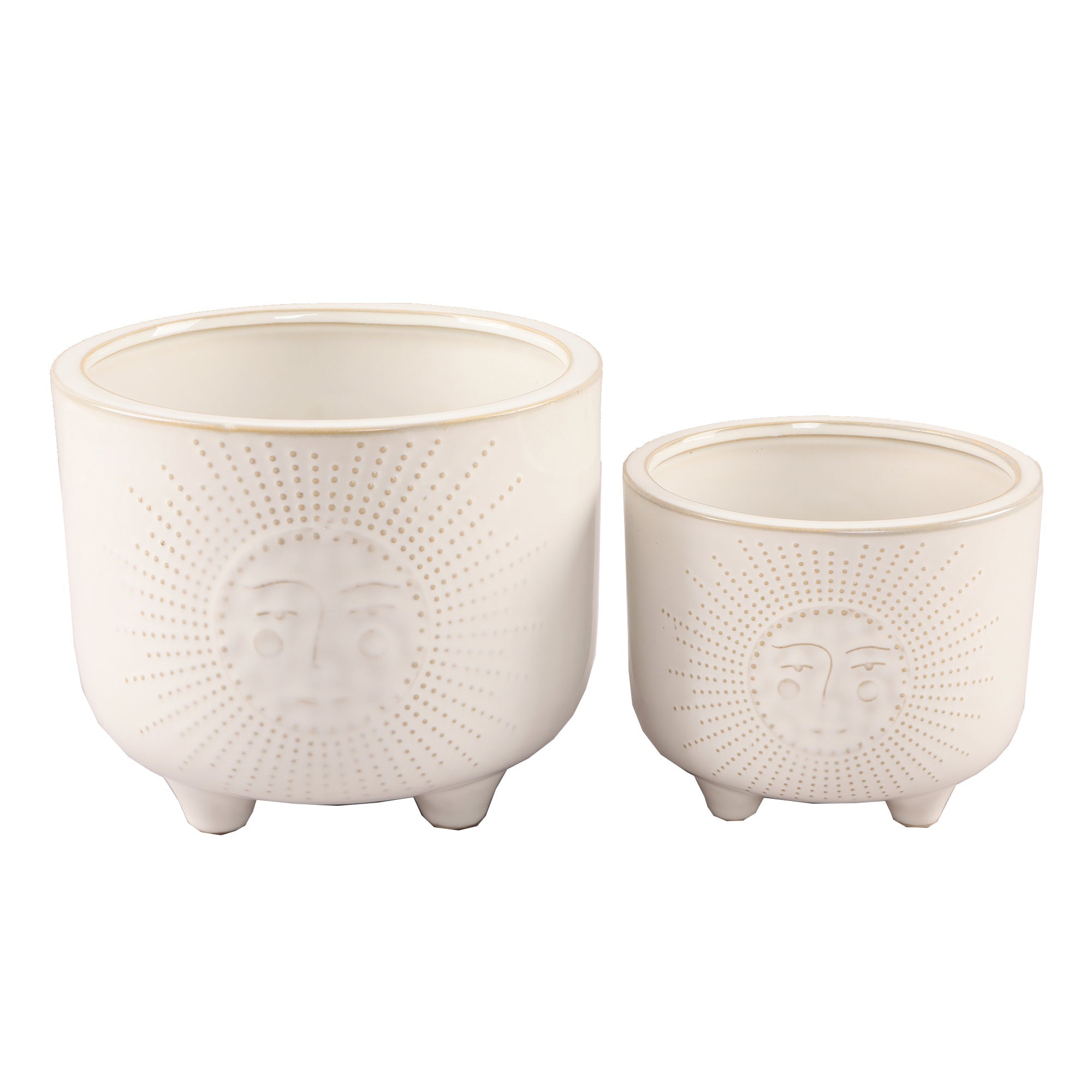  Flora Bunda Set of 2 Ivory Sun Motif Ceramic Footed Planters - Ivory - Bonton