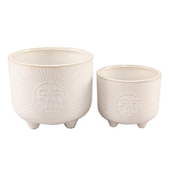 Set of 2 Ivory Sun Motif Ceramic Footed Planters