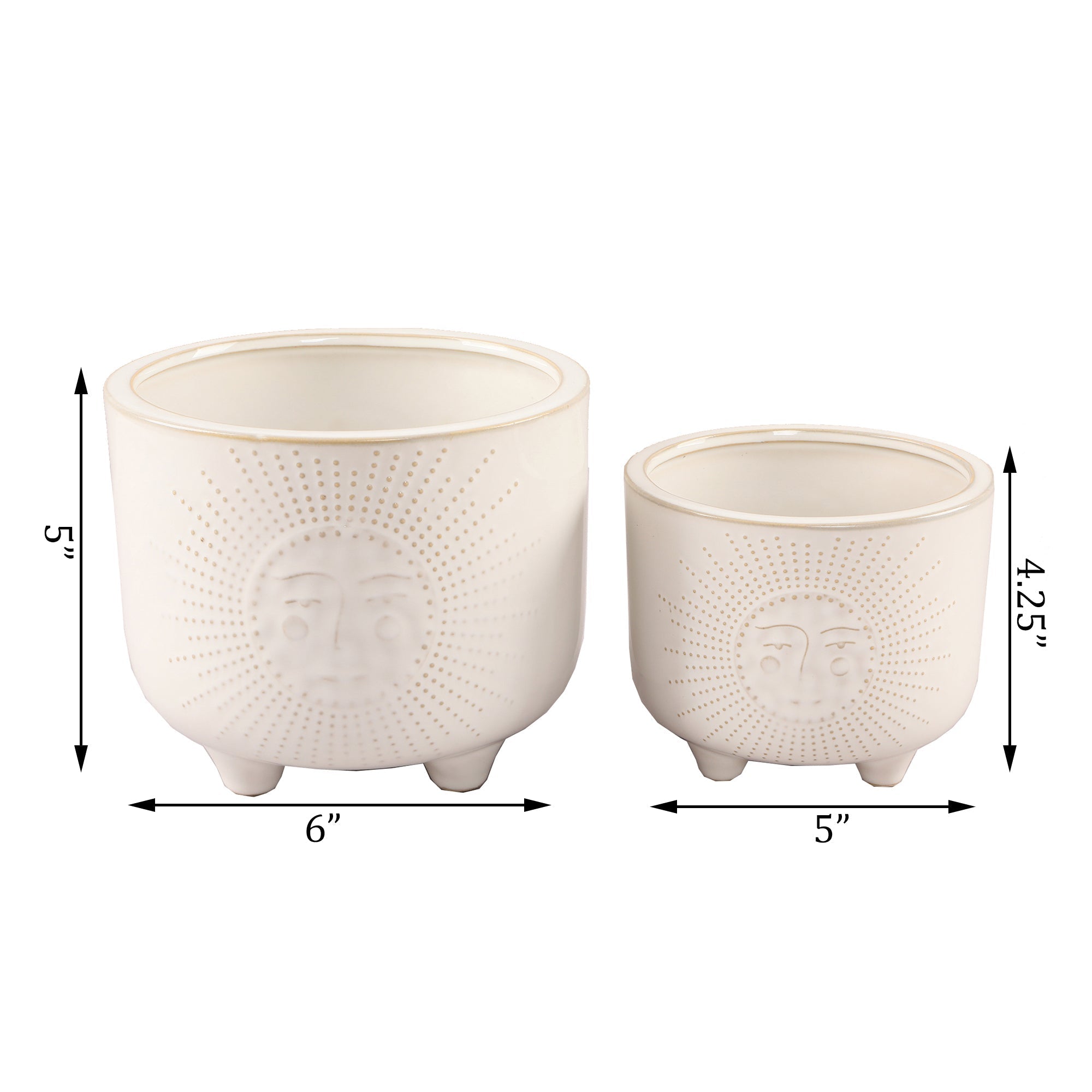  Flora Bunda Set of 2 Ivory Sun Motif Ceramic Footed Planters - Ivory - Bonton