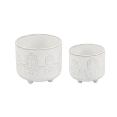 Set of 2 Matte White Hamsa Hand Footed Planters