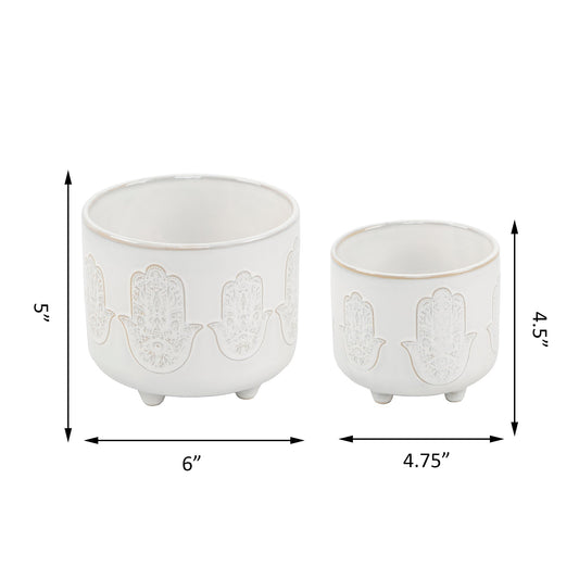 Set of 2 Matte White Hamsa Hand Footed Planters