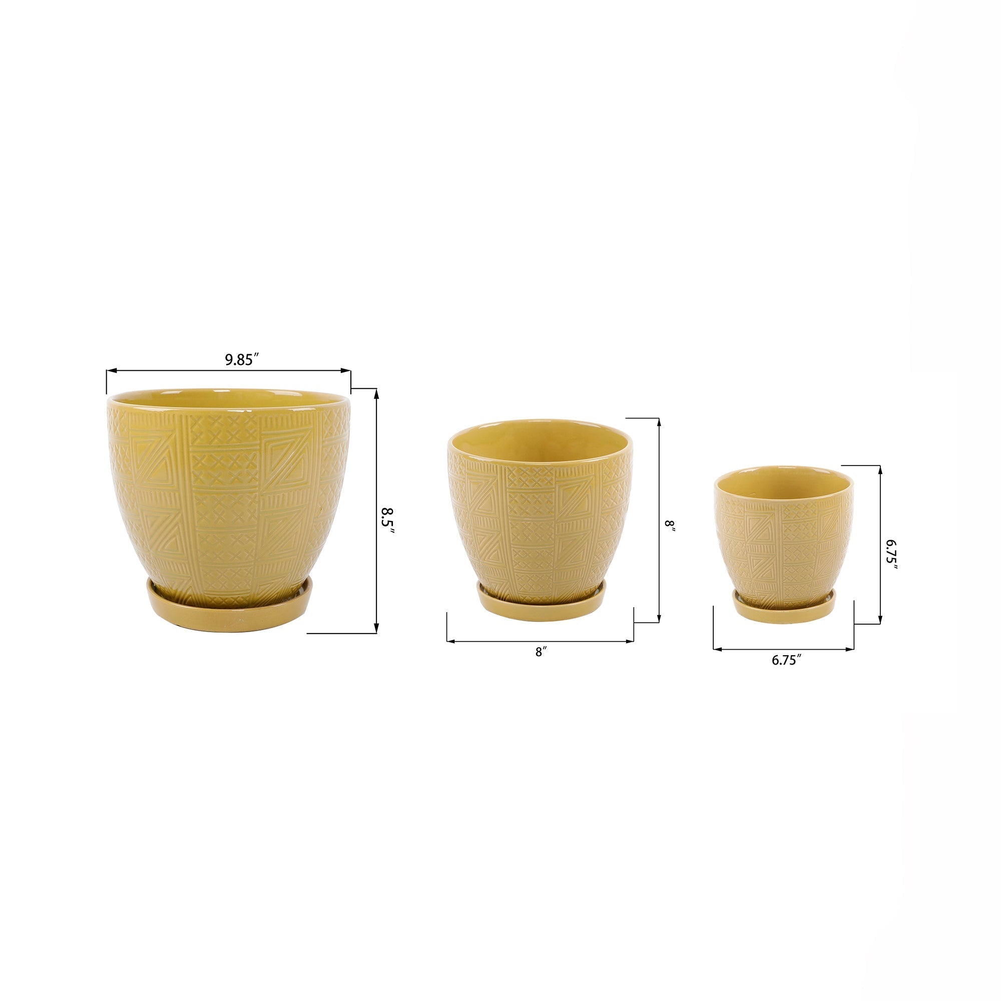  Flora Bunda Set Of 3 Mustard Hiero Ceramic Pot On Saucer - Yellow - Bonton