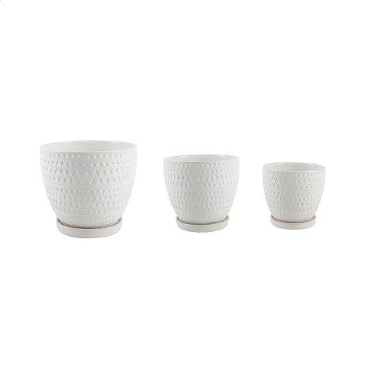 Set Of 3 Matte White Pharaoh Ceramic Pot On Saucer