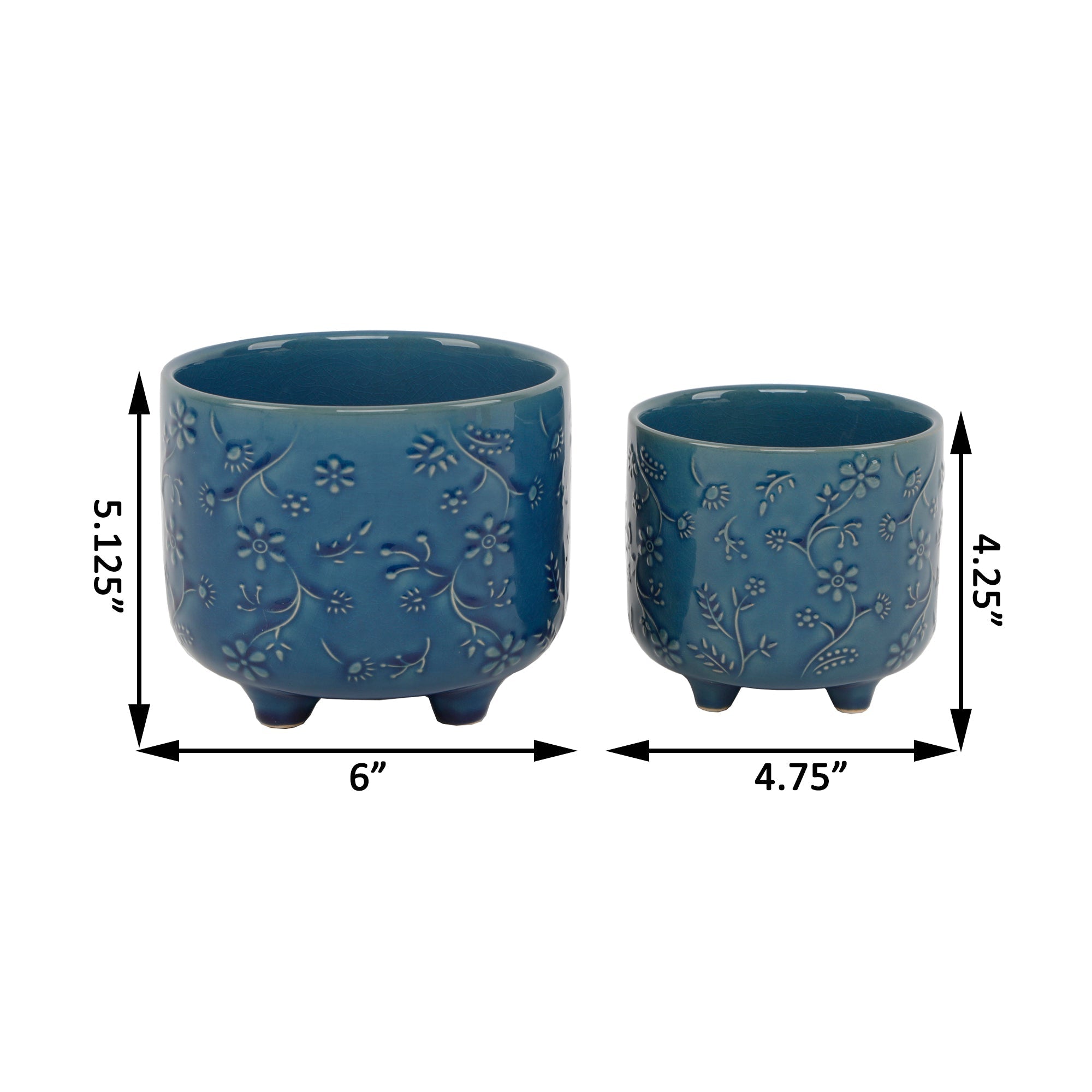  Flora Bunda Set of 2 Washed Blue Wildflowers Ceramic Footed Planters - White - Bonton