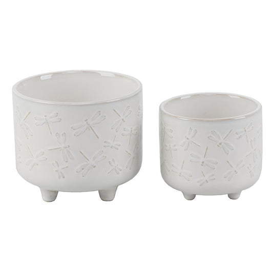 Set of 2 Soft White Dragonfly Ceramic Footed Planters