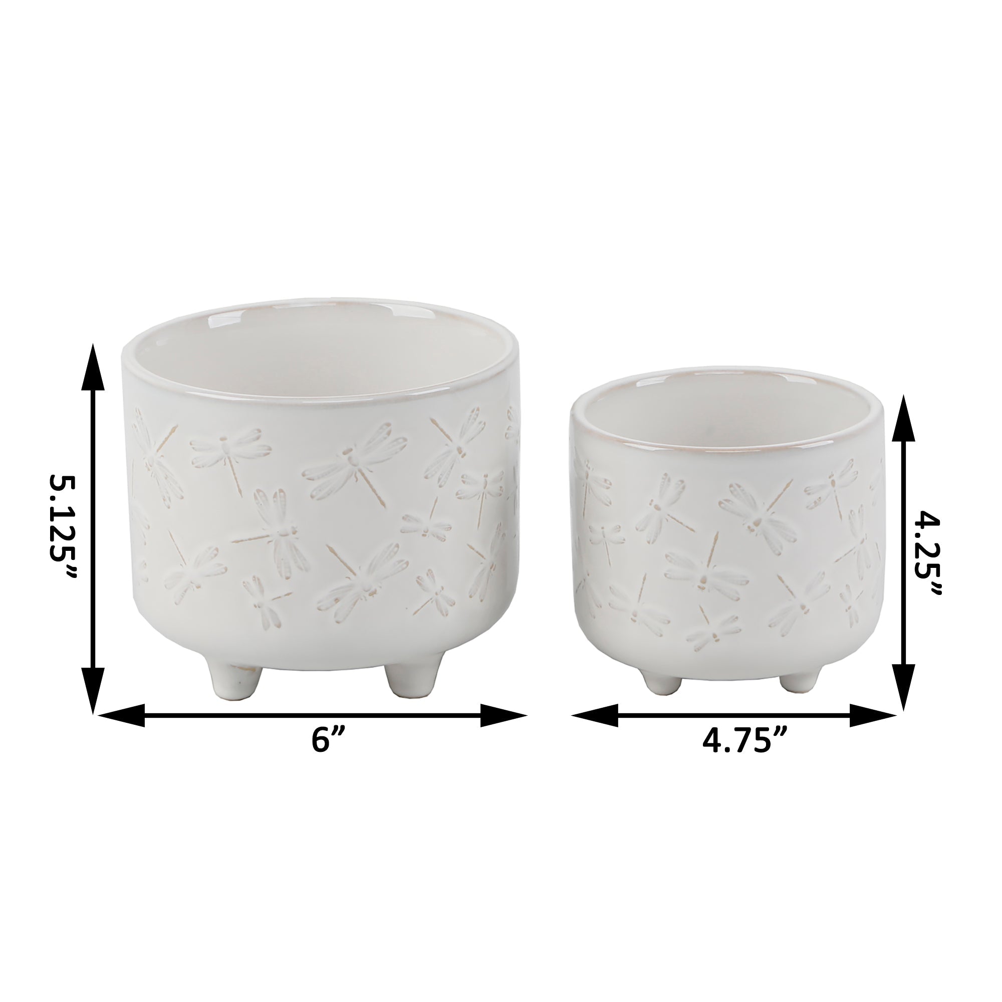  Flora Bunda Set of 2 Soft White Dragonfly Ceramic Footed Planters - White - Bonton