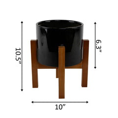 Large Duo Textured Black Pot On Wood Stand