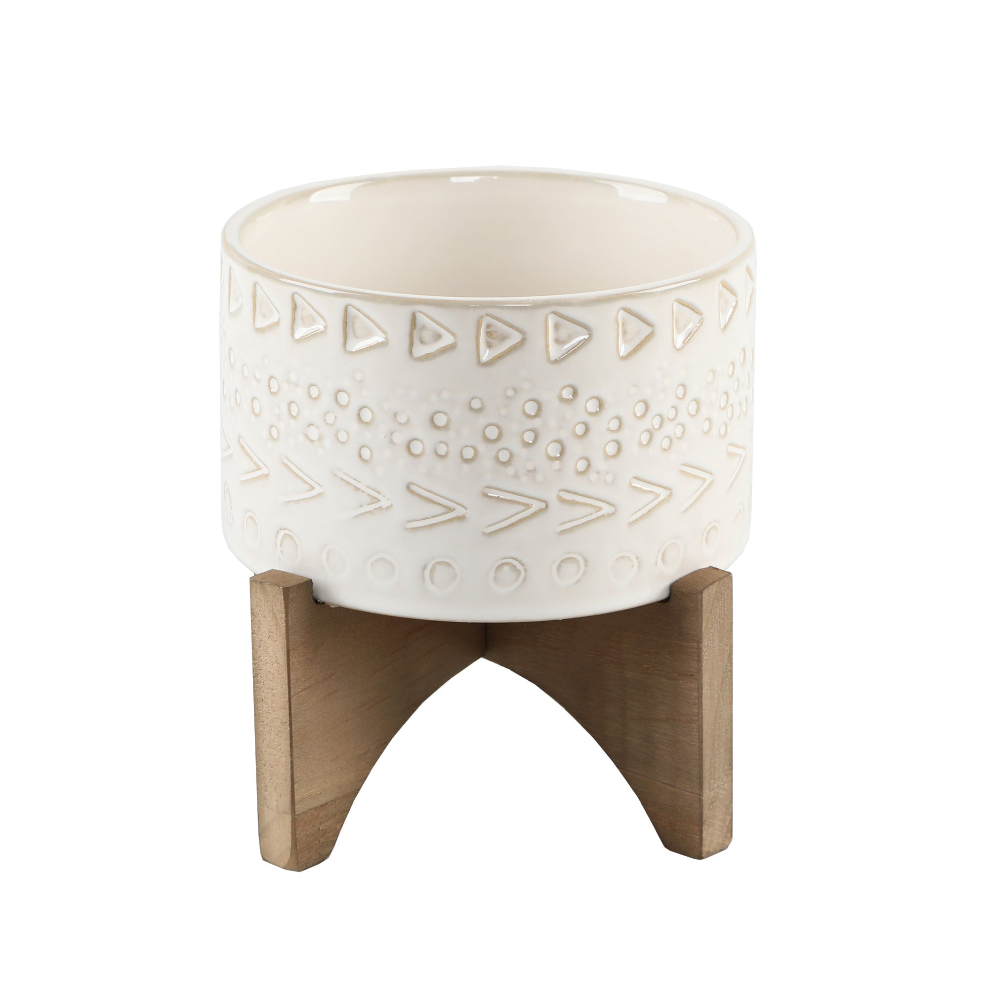  Flora Bunda Ivory Cave Drawing Ceramic Planter On Wood Stand - Ivory - Bonton