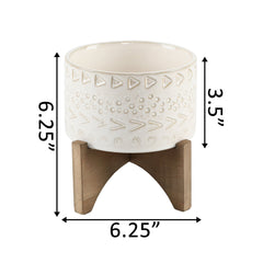 Ivory Cave Drawing Ceramic Planter On Wood Stand