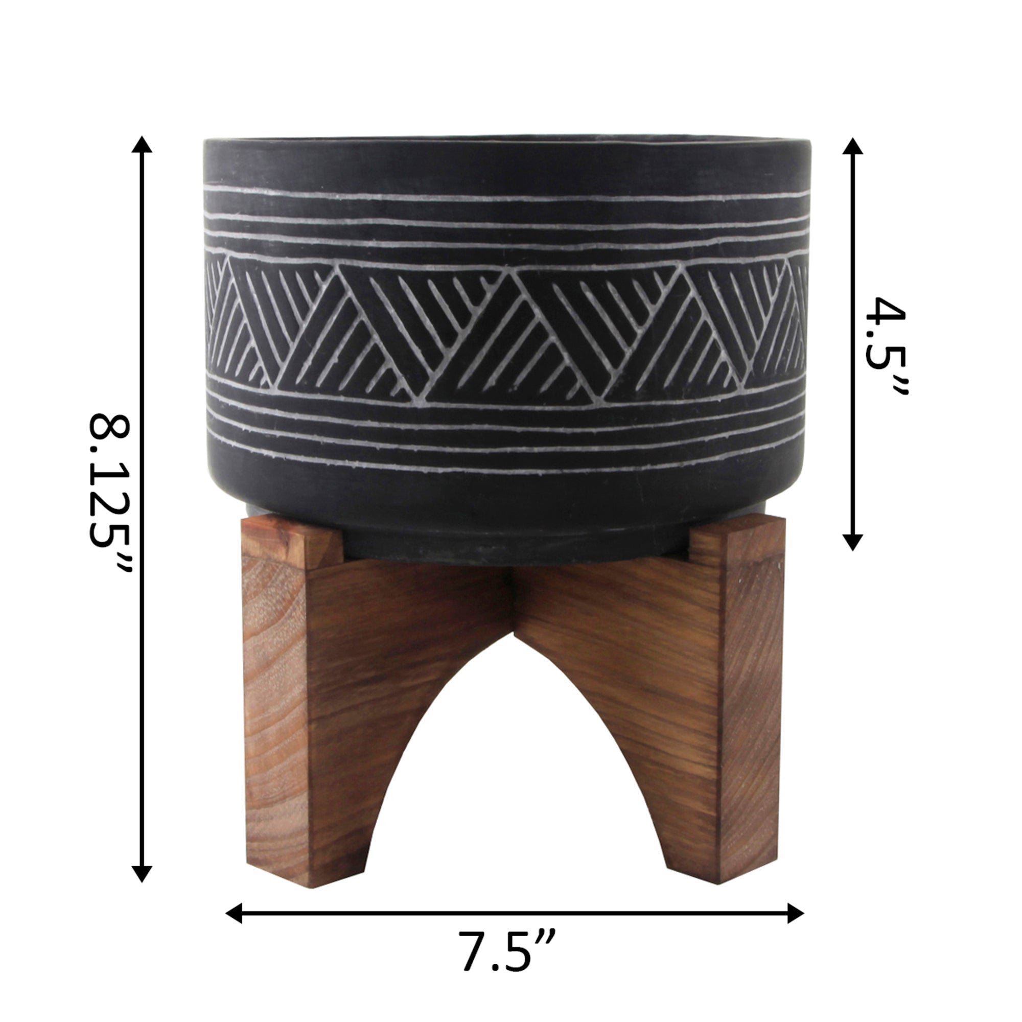  Flora Bunda Black Cement Planter With Wood Stand - Black - Bonton