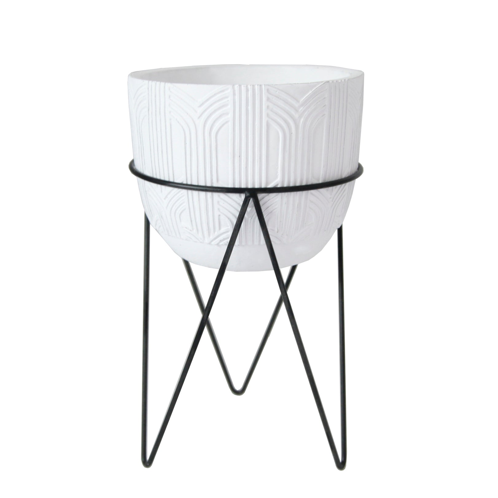  Flora Bunda White Deco Patterned Cement Pot On Metal Stand - White - Bonton