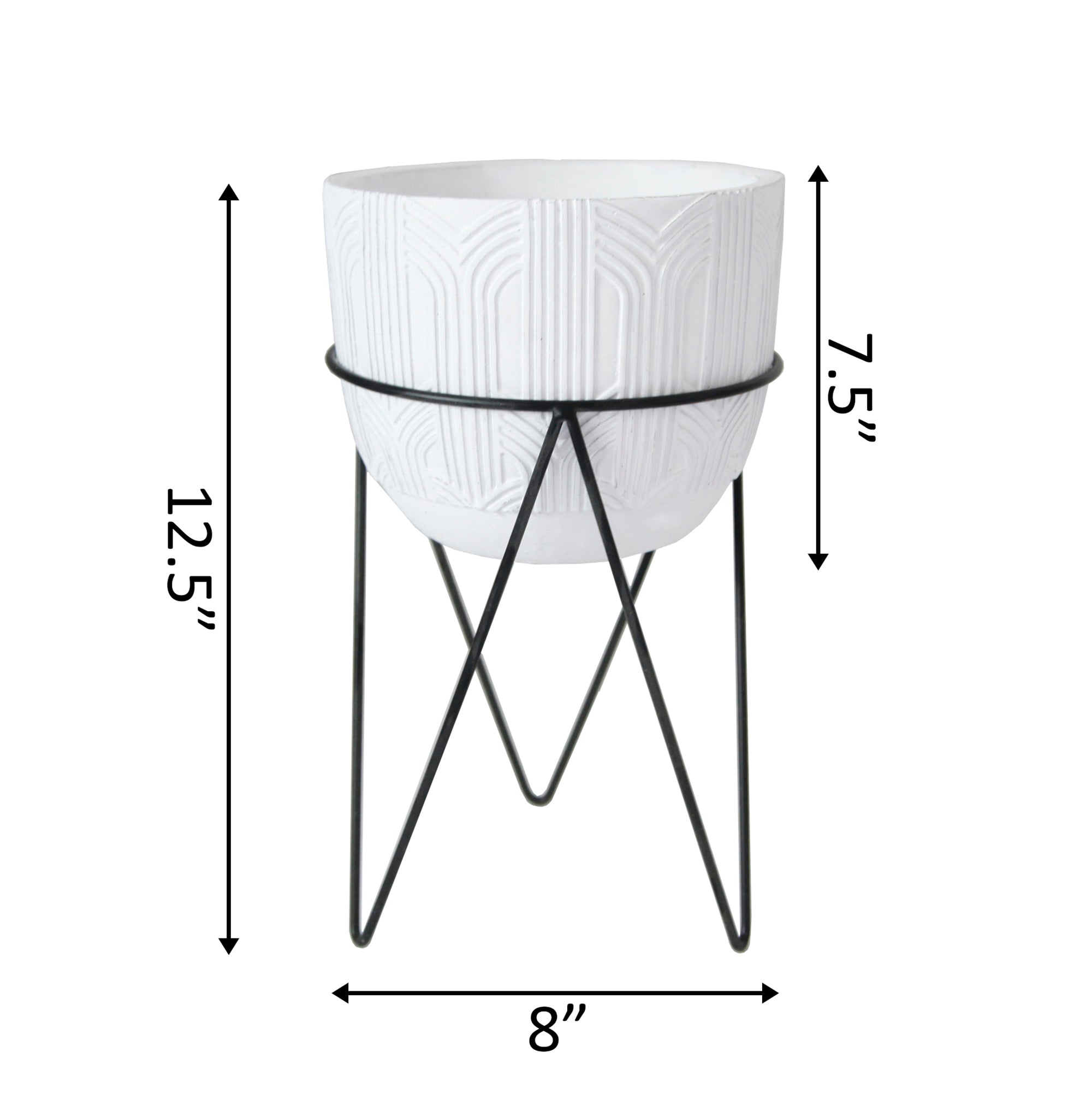  Flora Bunda White Deco Patterned Cement Pot On Metal Stand - White - Bonton