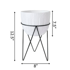 White Deco Patterned Cement Pot On Metal Stand